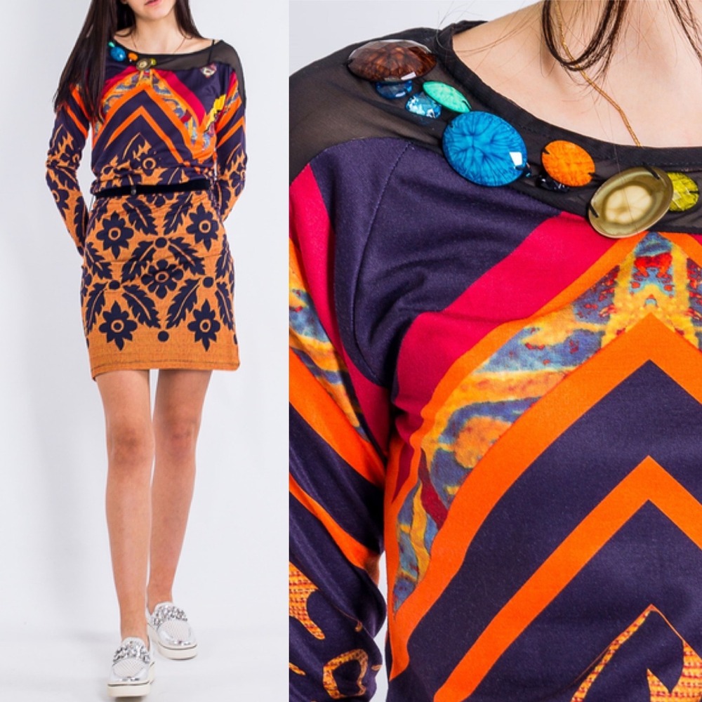 Desigual Y2 Beaded Long Sleeve Dress Womens Sz Small Orange 37V2L09 Art To Wear